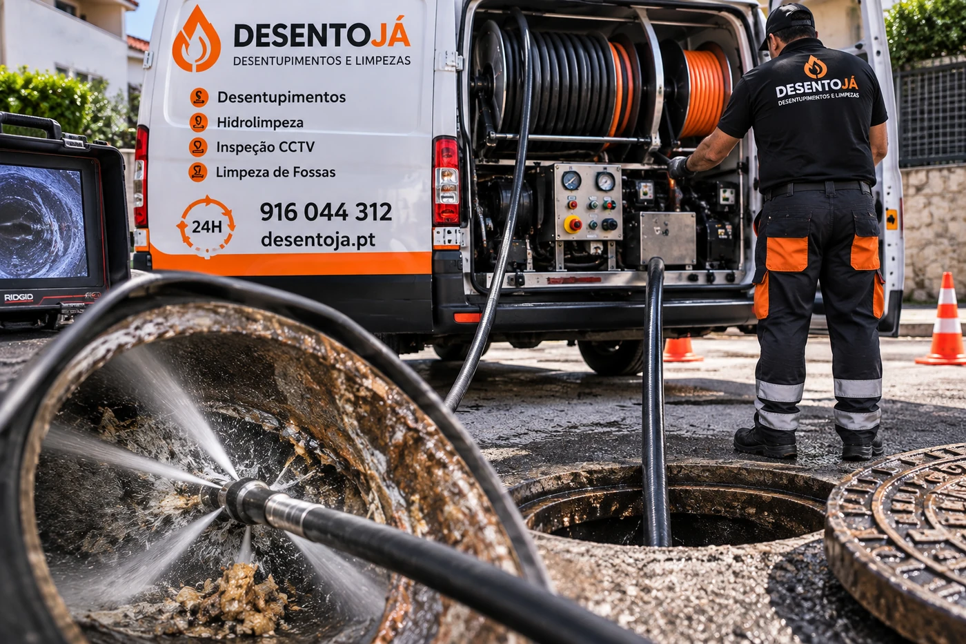 Sistema profissional de hidrojato instalado numa viatura